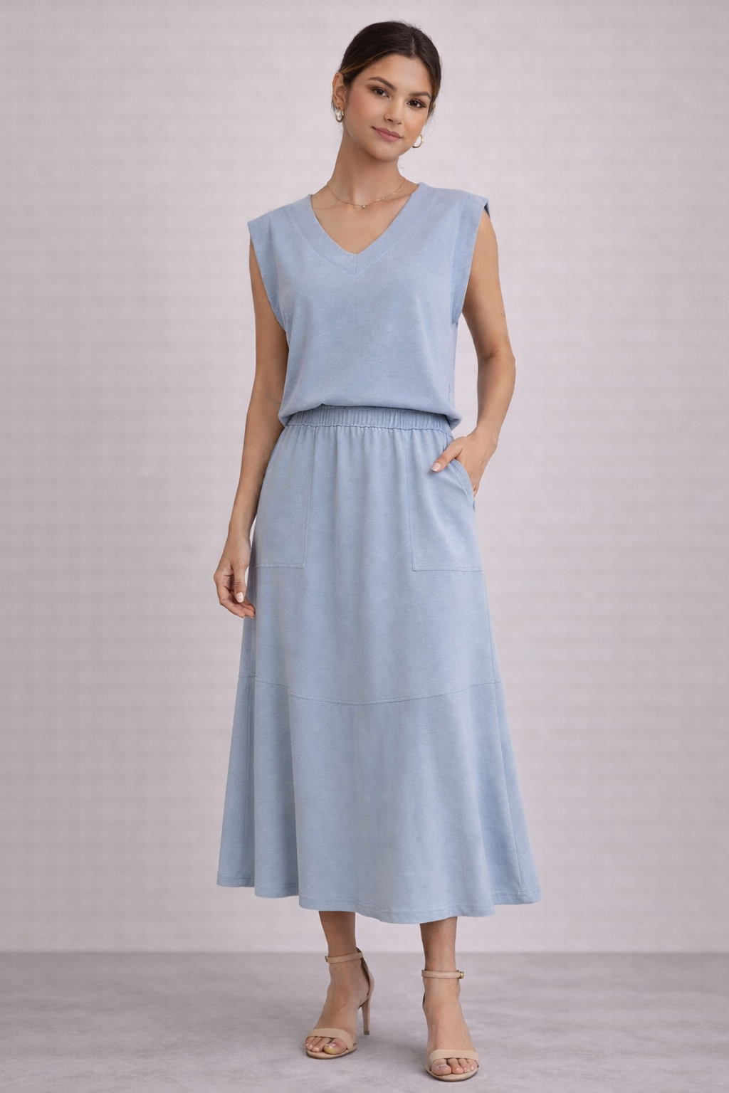 Conjunto Marcela Saia e Blusa Malha azul