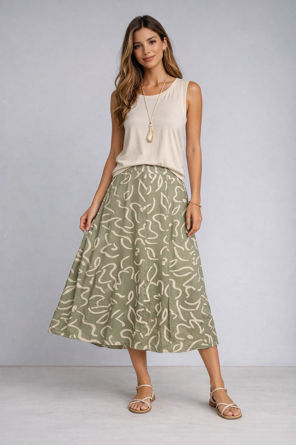 Conjunto Elissa saia e blusa bege e verde